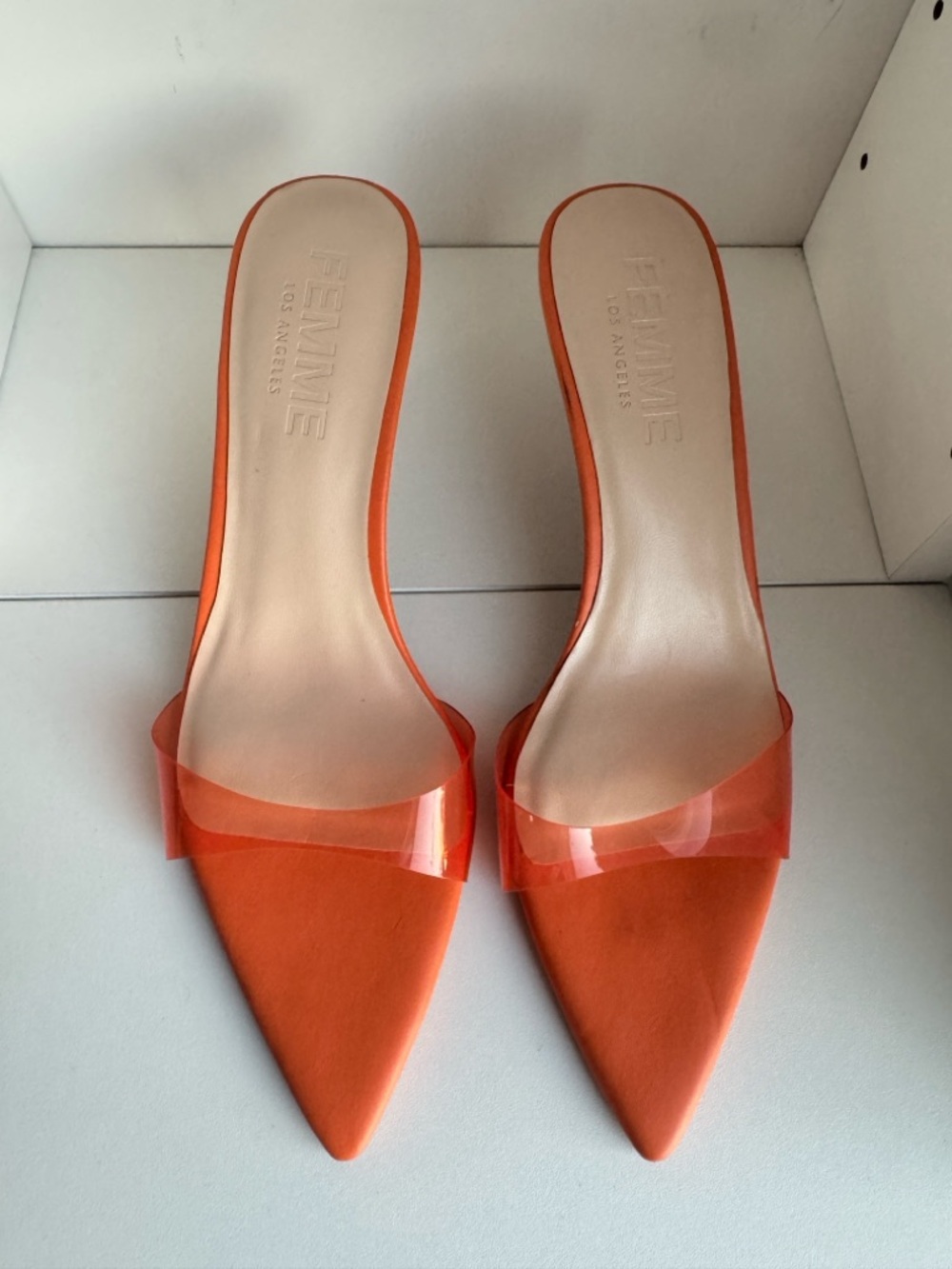 La Femme Orange Pointed Mule with Clear Strap